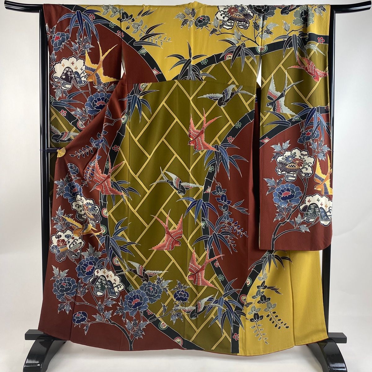 振袖 身丈162.5cm 裄丈68cm L 袷 鳥 牡丹 染め分け えんじ色 正絹 名品  