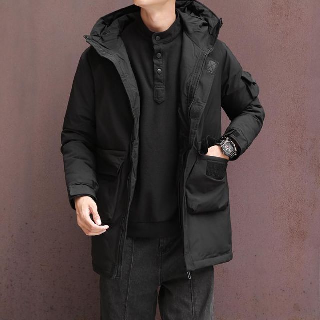 メンズ 服 シンプル ファッション オシャレ 大人 かっこいい 大きいサイズ ストリート 紳士服 フード ダウン ジャケット 薄手 カジュアル ミドル丈 コート 冬 厚手 暖かい