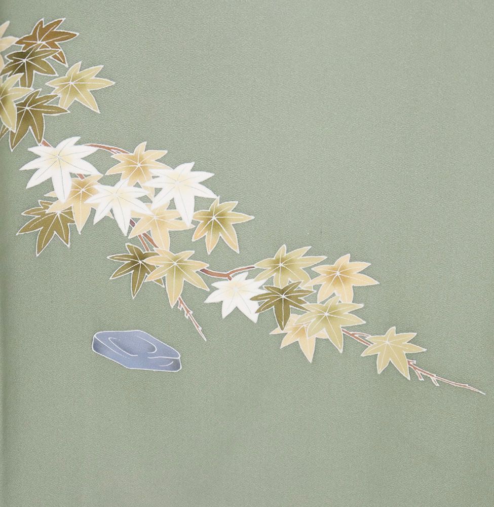 友禅訪問着 袷 正絹 緑 紅葉 楓 Lサイズ ki30954 美品