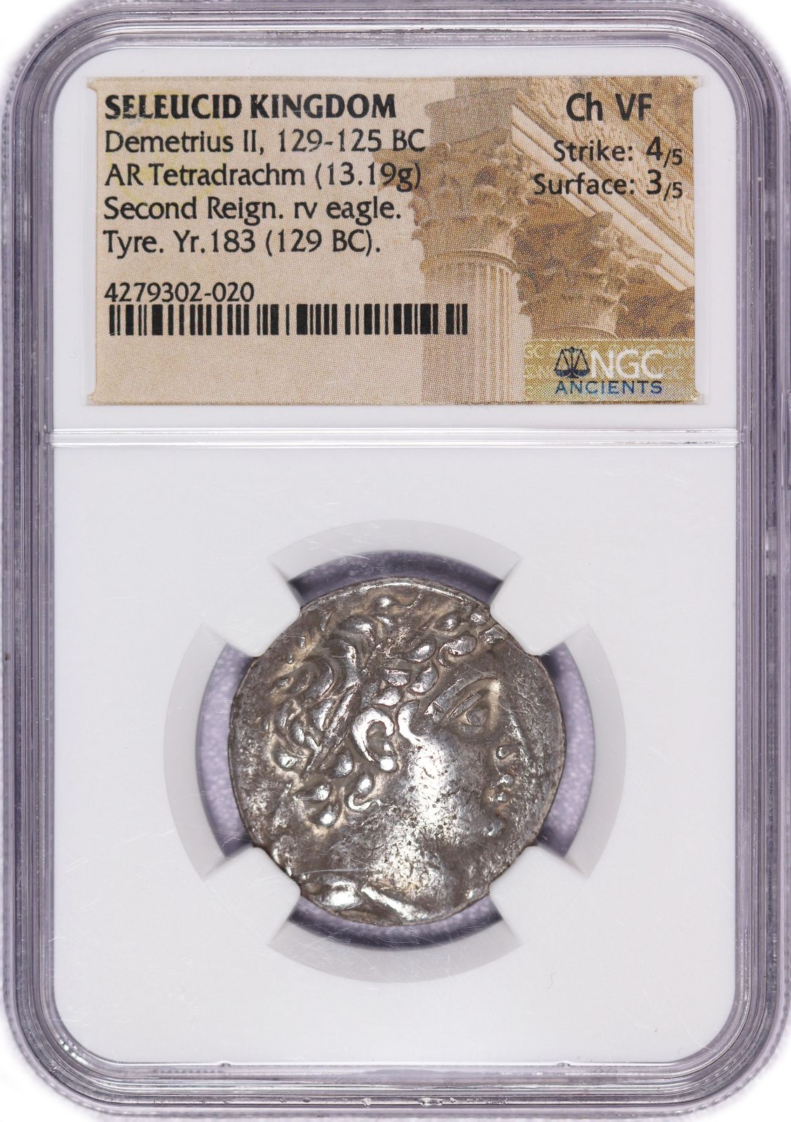 129-125 BC Seleucid Kingdom Demetri II AR Tetradrachm Silver NGC Ch VF 4|5 3|5