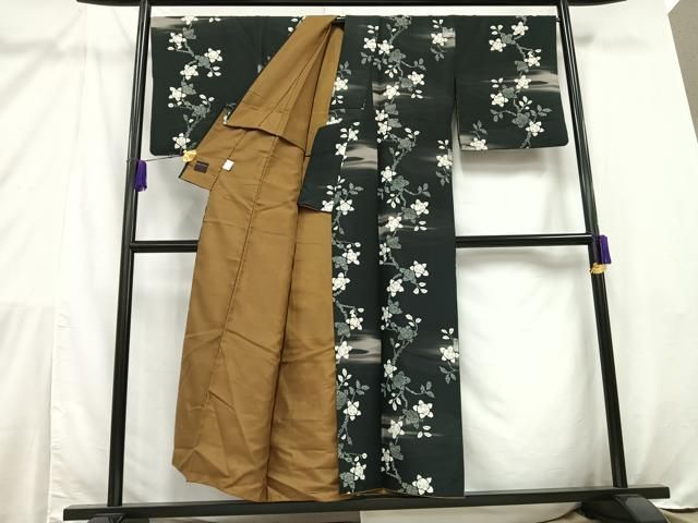 平和屋着物＊夏物 小紋 紗 唐草文 黒地 洗える着物 CAAU4513ut