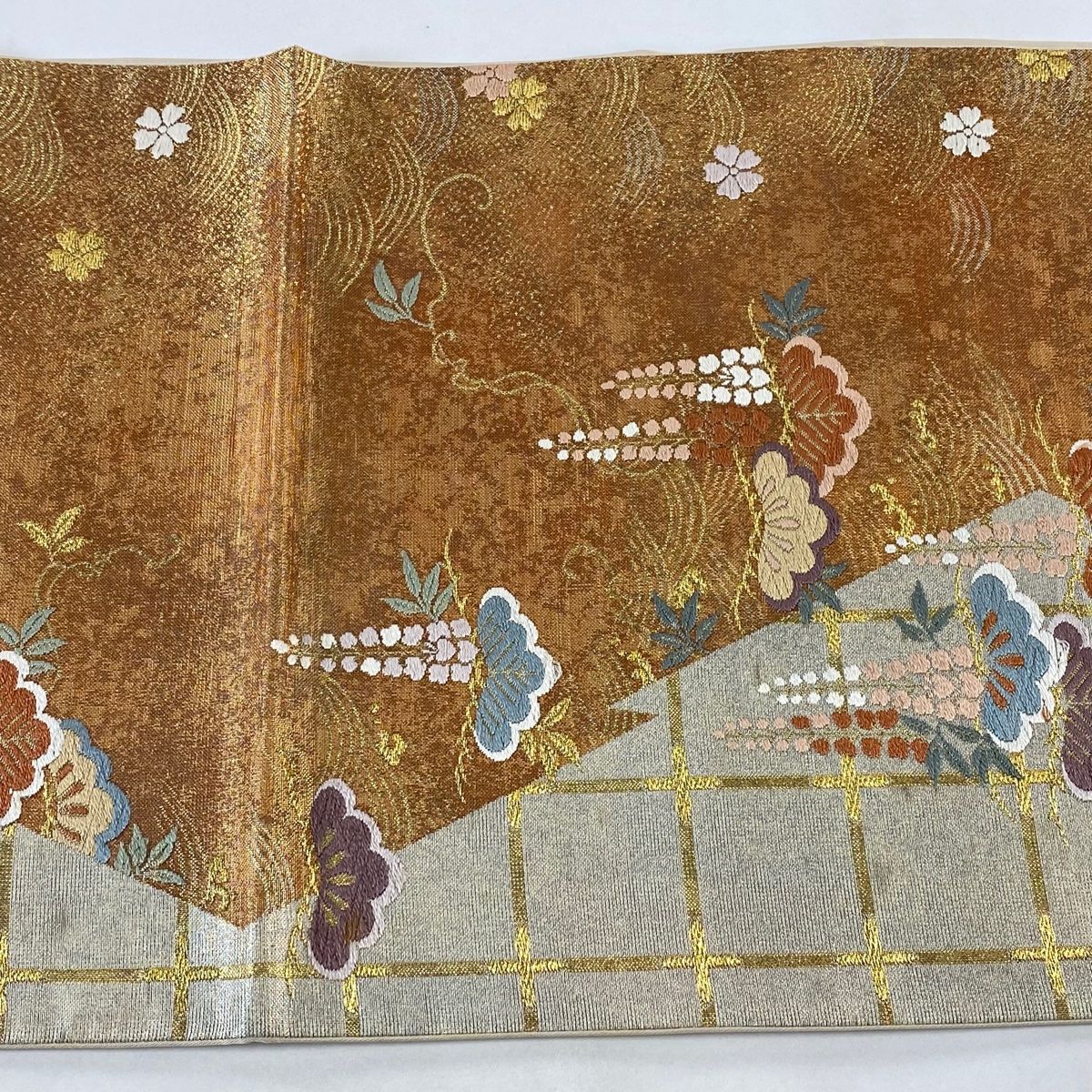袋帯 秀品 関西仕立て 松 格子 箔 金糸 赤茶 六通 正絹 【中古
