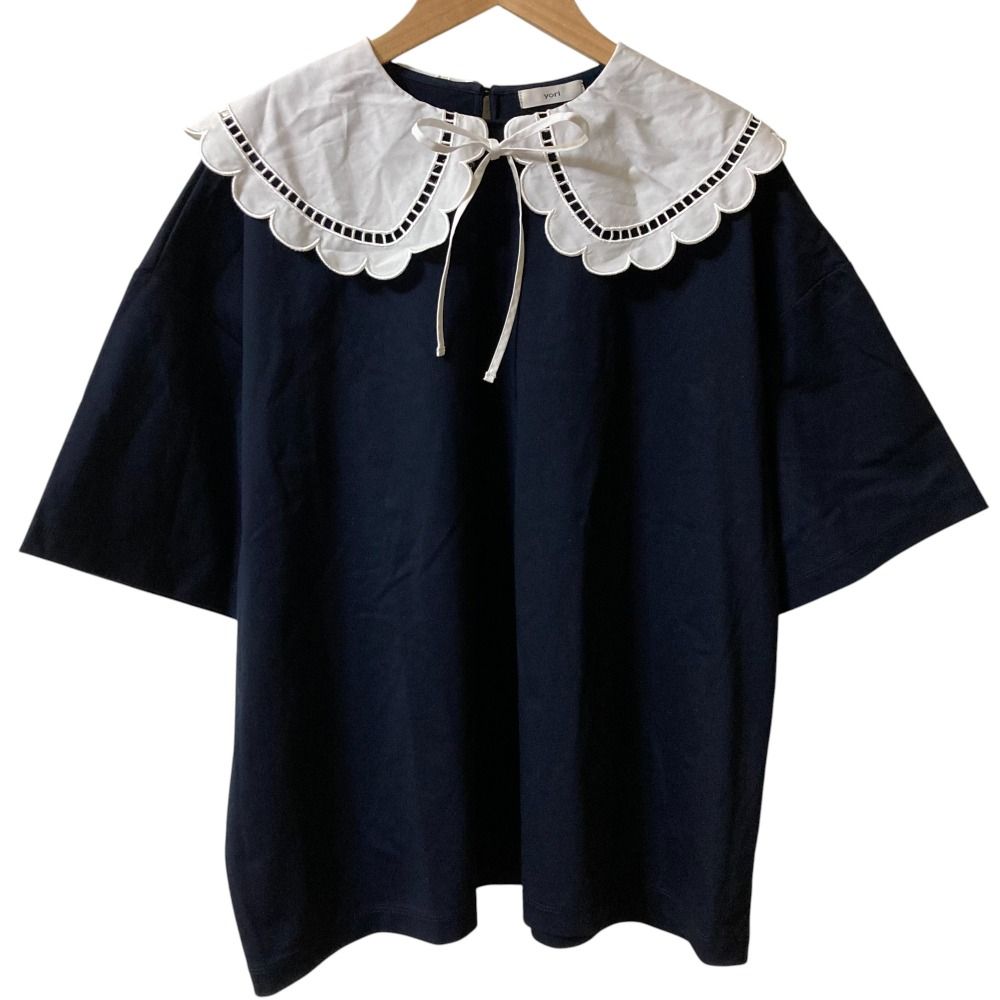 ブルー】【中古】美品 yori ヨリ スカラップカラーカットソー 半袖 五 