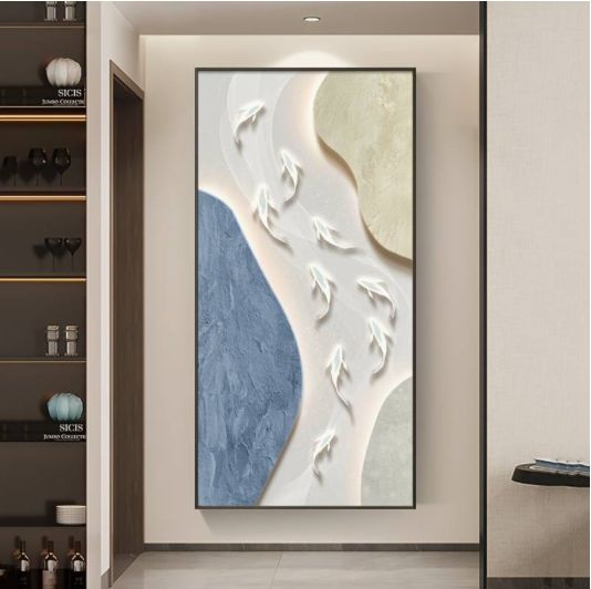 アートピクチャー 北欧 海岸 抽象壁アート ビスコース素材 九つの魚の図柄 モダン クリームパレット リビングルーム 廊下 玄関 装飾用 アンフレームキャンバスプリント ポスター おしゃれ 和 モダン 80×160cm 和室