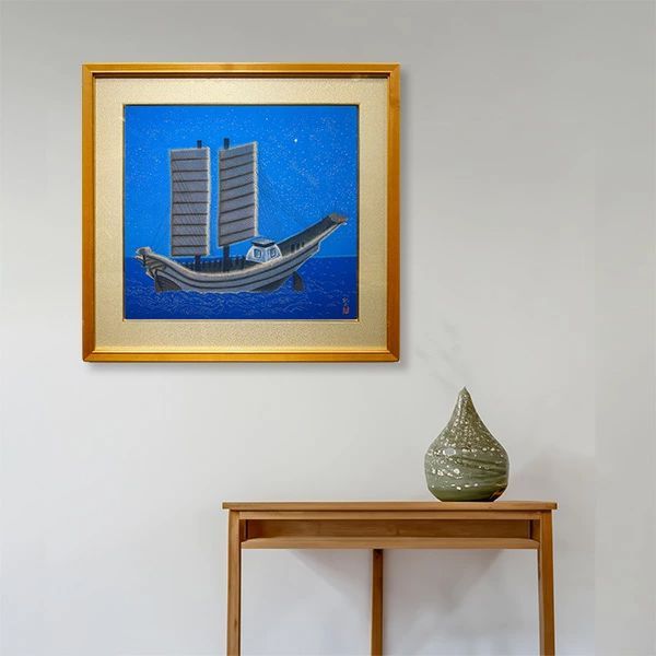 額付き　平山郁夫 工芸画 平山郁夫「遣唐船」 額付き 絹ちりめん 染色絵 装飾画 タ
