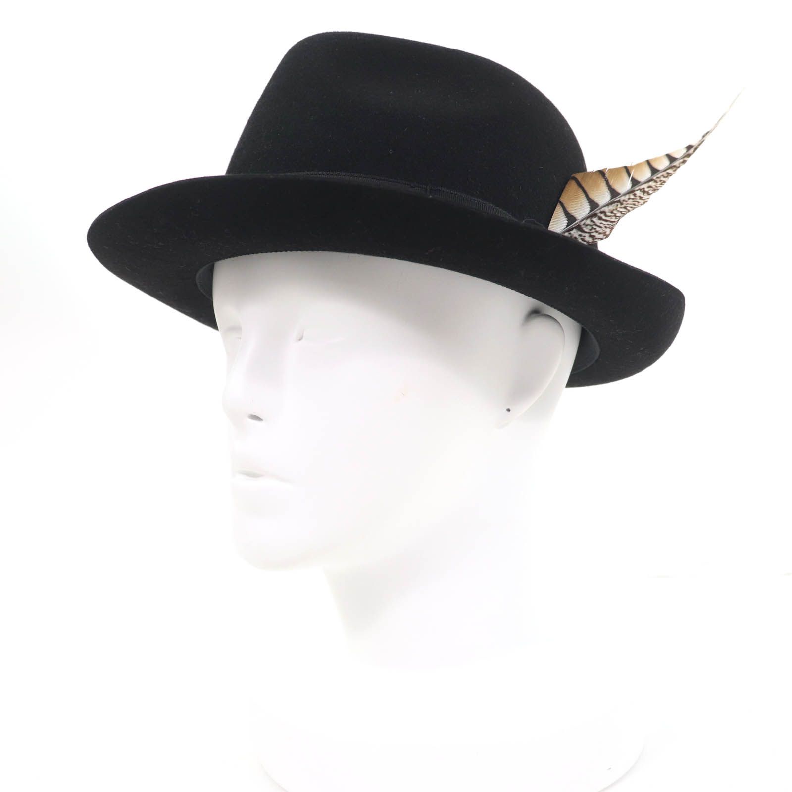 RALPH LAURENPURPLE LABEL ラルフローレンパープルレーベル FEDORA WITH SIBGLE FEATHER PHILIP TREACY ウール100％ ハット ブラック F き イギリス製 レディース