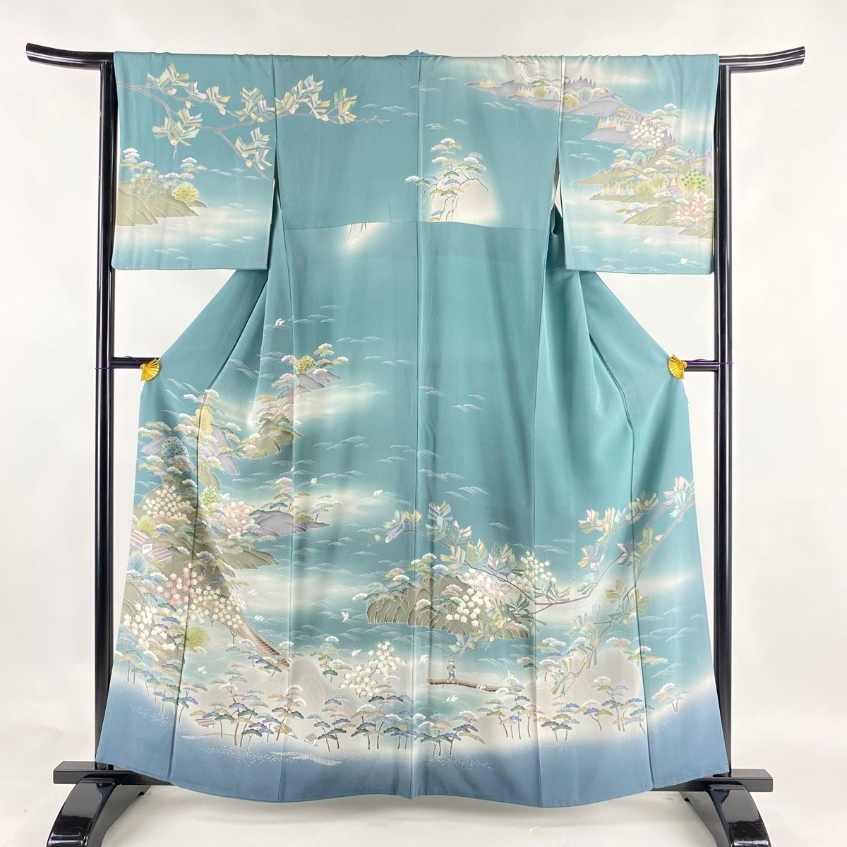 訪問着 身丈162cm 裄丈64.5cm M 袷 風景 松 ぼかし 青緑 正絹 秀品