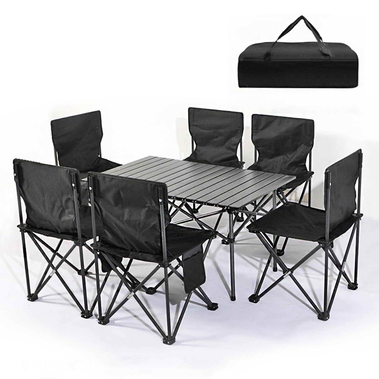 新着商品 キャンプ用 屋外 ガーデン BBQ お釣り 折り畳み 組立簡単 ブラック 収納バッグ付き ピクニックテーブル アルミテーブル椅子 ベンチセット ピクニック 7点セット チェア テーブル アウトドア BTtime