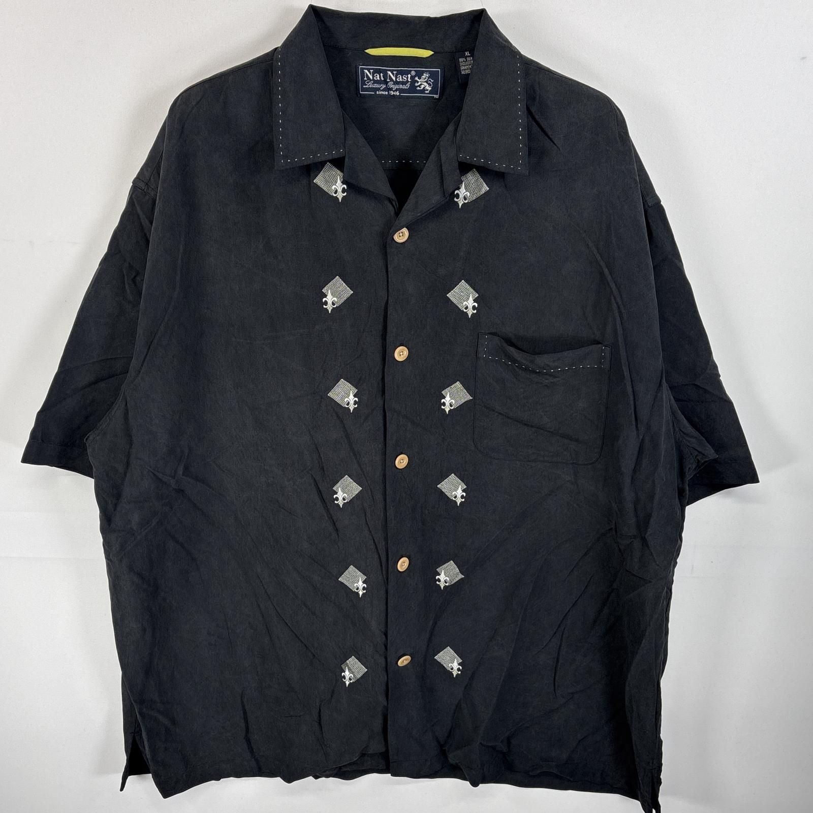 古着 Nat Nast  半袖シャツ アロハシャツ シルクシャツ 刺繍デザイン XL  ブラック系 ストライプ メンズ