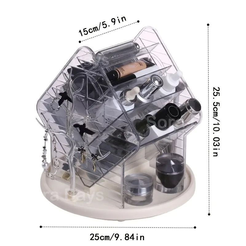メイクスタンド コスメボックス 360度回転 透明プラスチック おしゃれ かわいい シンプル 感 モダン ナチュラル クラシック インテリア 北欧 化粧品収納 ブラシホルダー ジュエリーディスプレイラック付 バスルーム リビングルーム 15 25 5 cm