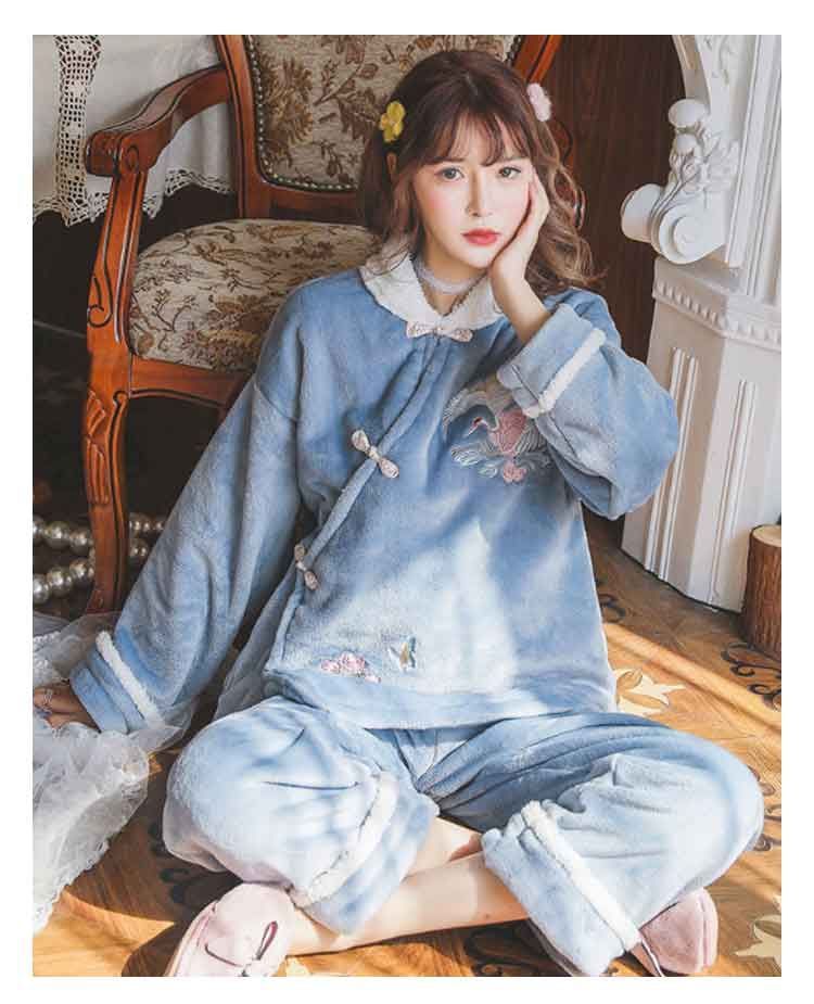 チャイナ風 パジャマ レディース もこもこ 冬 ルームウェア 上下セット