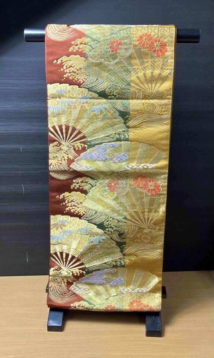 未仕立て品 袋帯 檜扇 紗綾形 花 竹 六通柄 帯丈約440cm - メルカリ