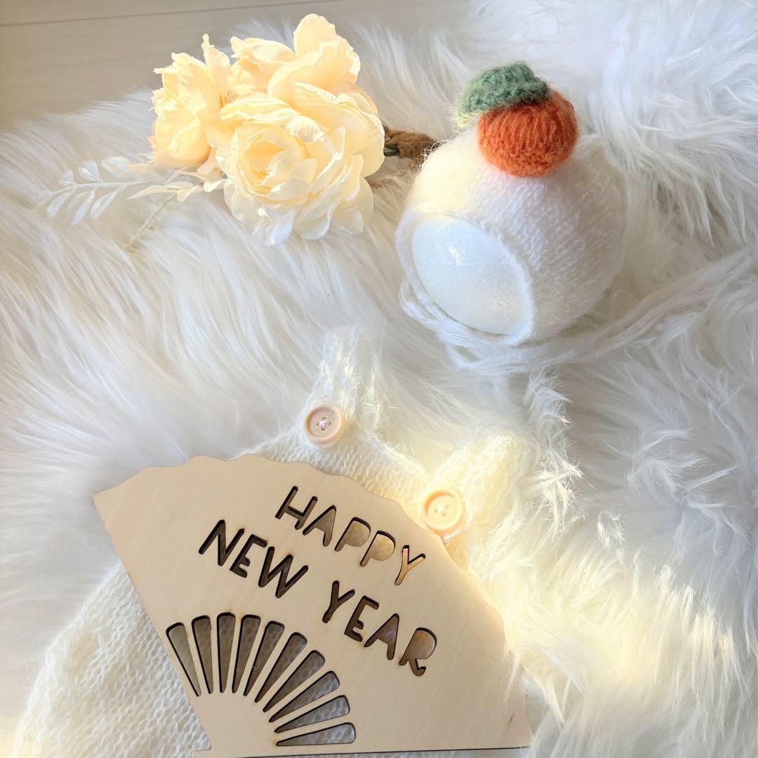 オレンジ♪鏡餅ボンネット 編み込みロンパースセット ニューボーン