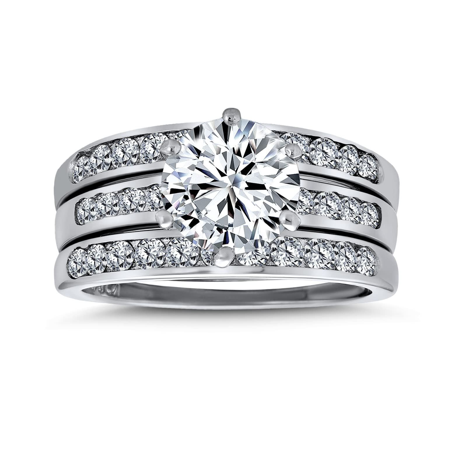 Bling Jewelry クラシック2.5CTブリリアントカットソリティアオーバルAAA CZパヴェバンドインセットガードエンハンサーアニバーサリーエンゲージリングウェディングバンドセット女性用.925スターリングシルバー