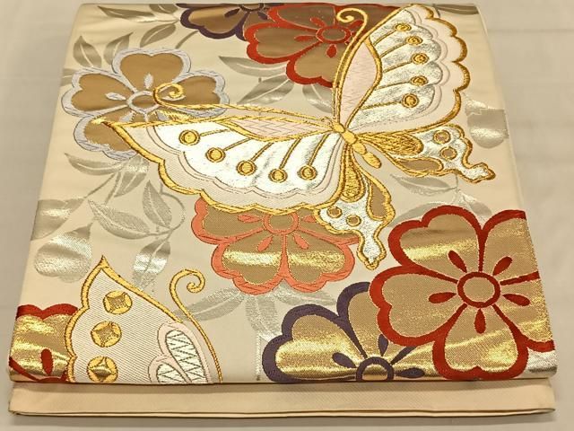 国産品　織り兵児帯　Polyester　未使用品 名古屋帯 塩瀬 紅型 白地に亀甲・花・蝶柄 ob420 | リサイクルと