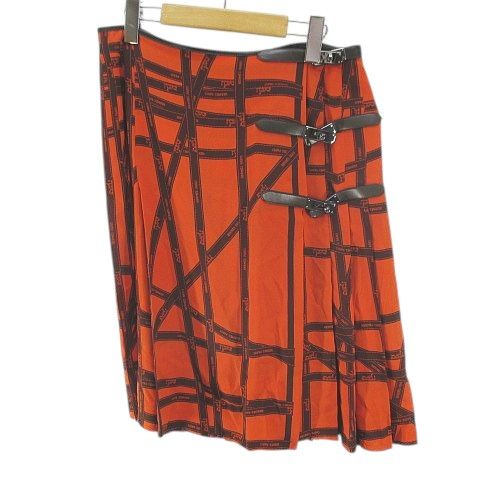 エルメス HERMES ボルデュック柄 膝丈 ラップスカート ケリーバックル付 プリーツスカート スカート 絹 シルク 40 オレンジ系 フランス製 ベルト