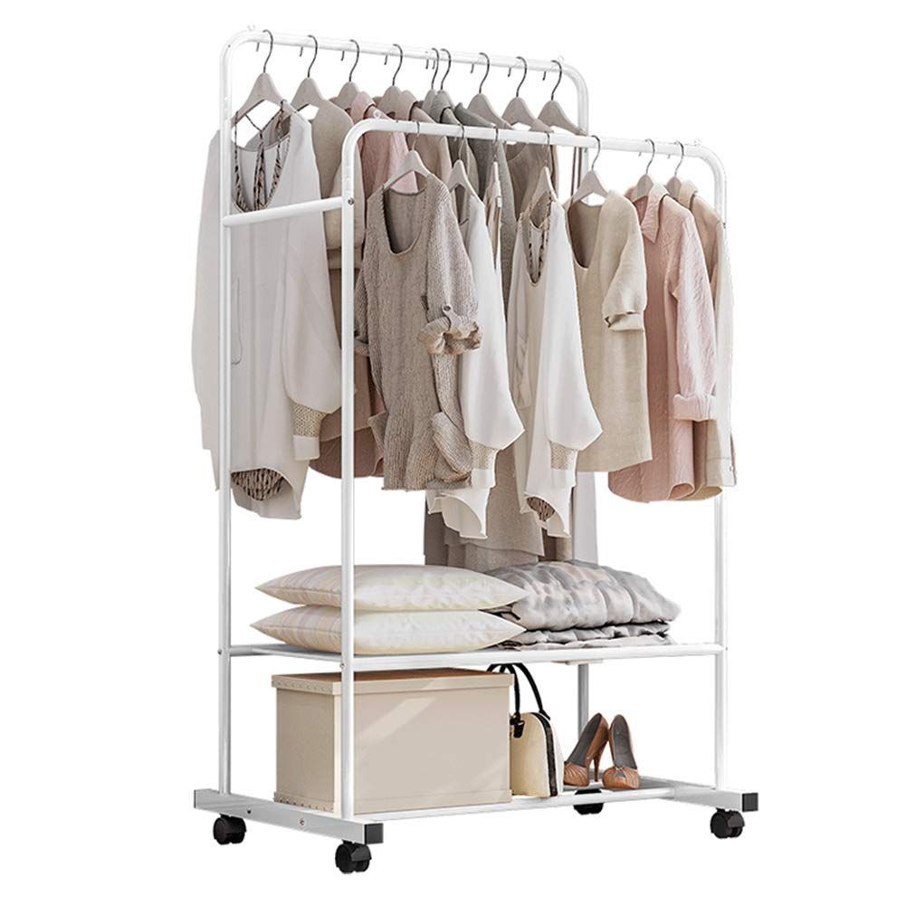 【特価セール】2段棚付き 収納ラック フック付き コート掛け 組立簡単 洋服掛け 防サビ パイプハンガーラック 防水 頑丈ハンガー 耐腐食性 物干しスタンド 耐荷重100kg 洋服かけスタンド ホ