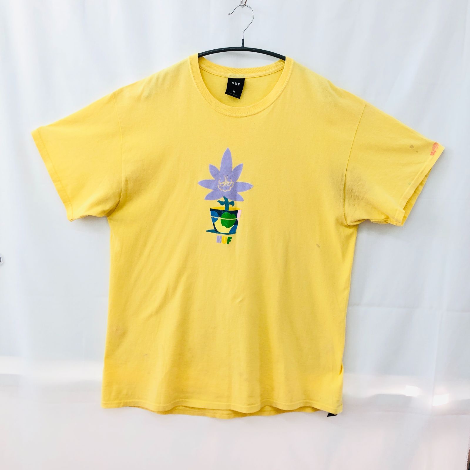 古着 美品 HUF ハフ 胸プリントTシャツ ユニセックスXLサイズ 黄色系 