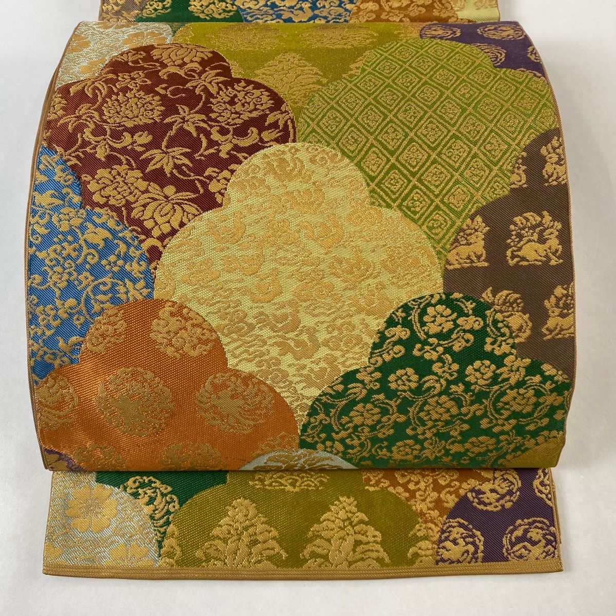 袋帯 名品 川島織物 落款 関西仕立て 名物裂 花唐草 箔 オレンジ 六通 正絹