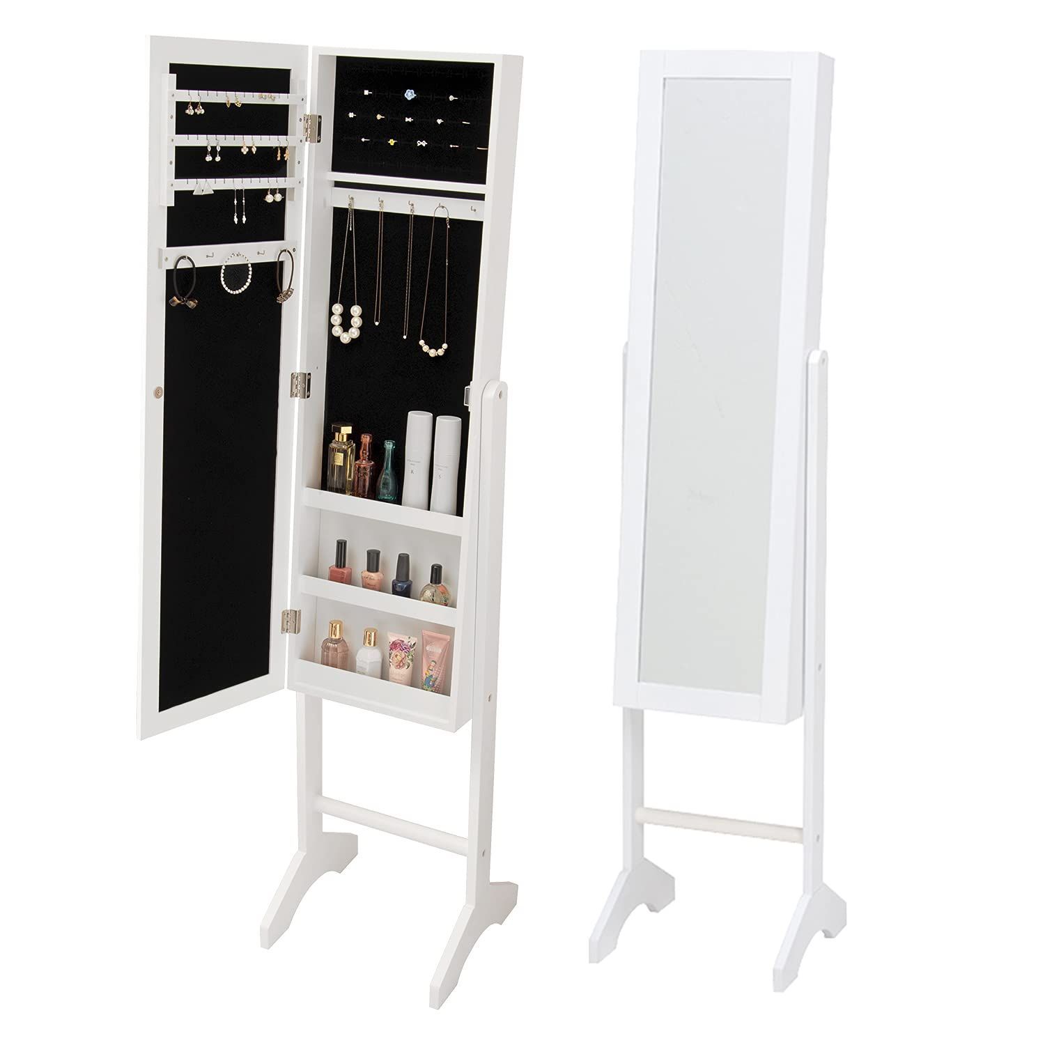 萩原 ドレッサー ミラー 姿見 収納付き アクセサリー 隙間 シンプル 収納 ホワイト 高さ153cm MD-6564WH ブラック×ホワイト
