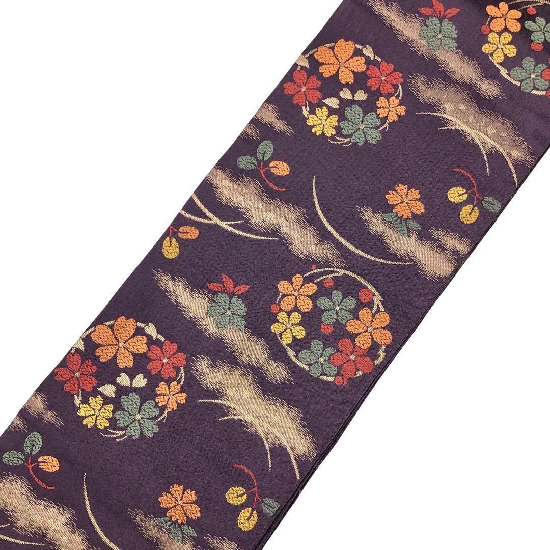 半幅帯 花模様 芝に萩 紫色 金糸 D-2113