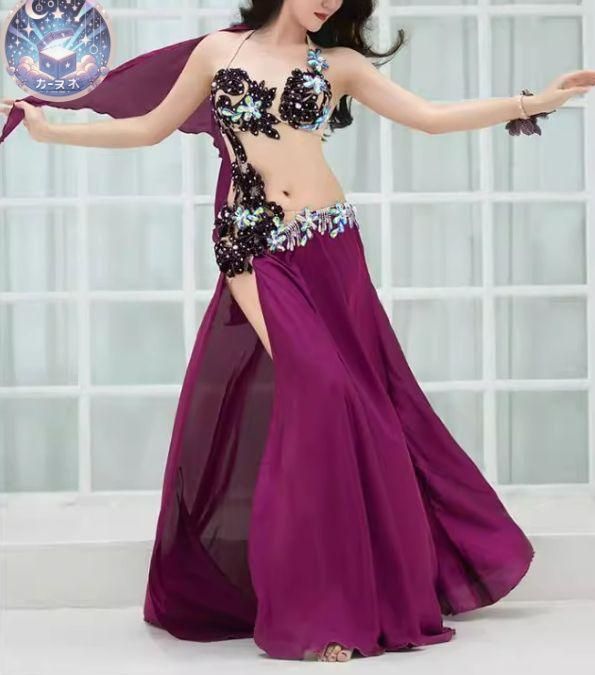 ♥ セール ベリーダンス衣装 上下セット スリーブ付き ブラ スカート パープル WWW_OLIVIERBERNSTEIN_COM