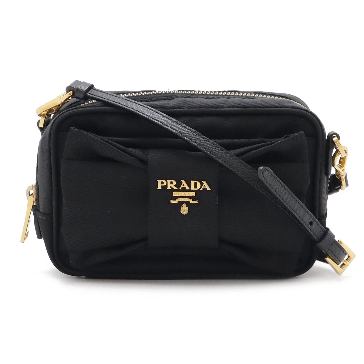 PRADA プラダ リボン ショルダーバッグ 斜め掛け ポシェット 2WAY ポーチ 小物入れ ナイロン レザー NERO 黒 ブラック ゴールド金具 1N1727