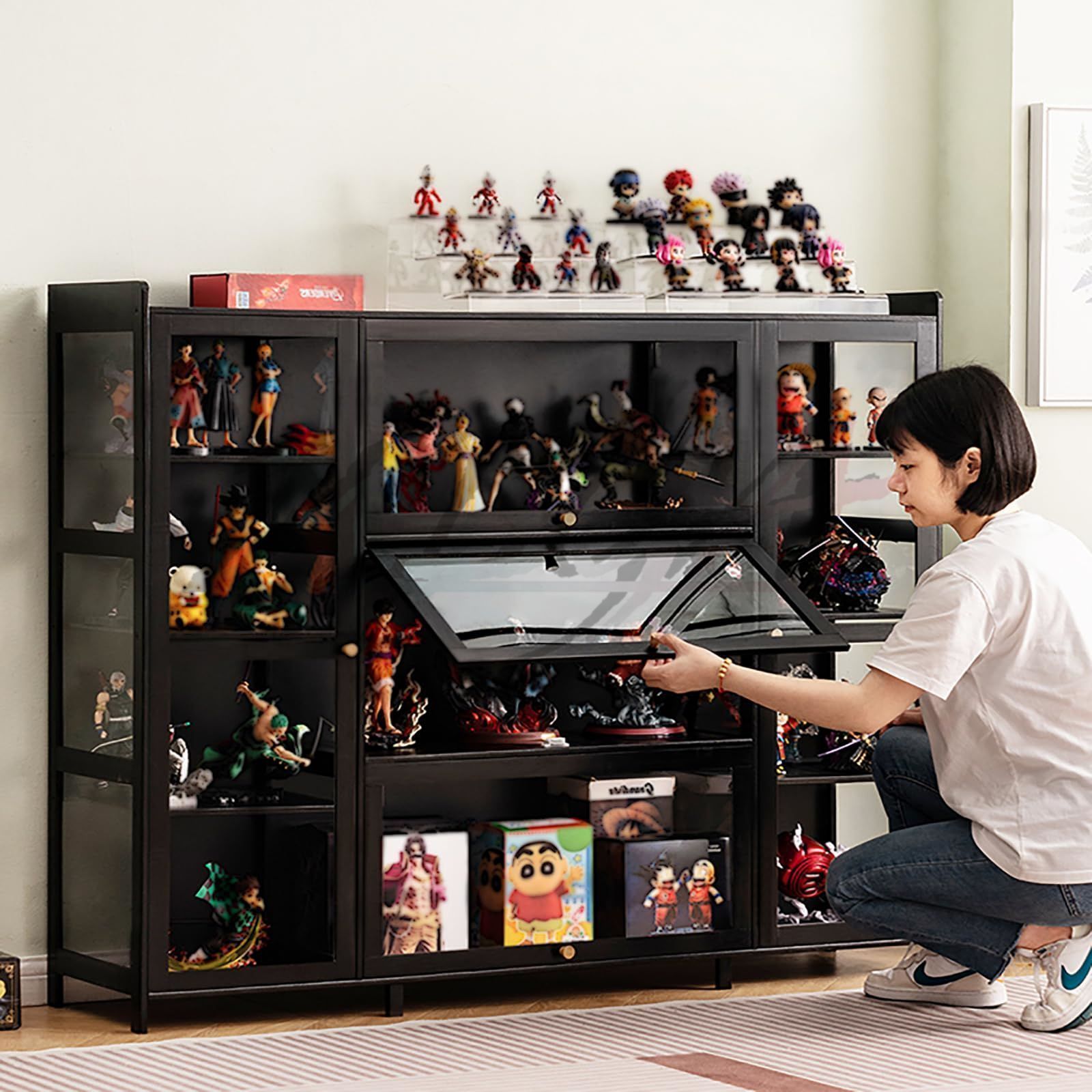 ♥コレクションケース木製フィギュアケース長さ135密閉防塵大容量組み立て式多用途キャビネット三面透明5枚扉大型