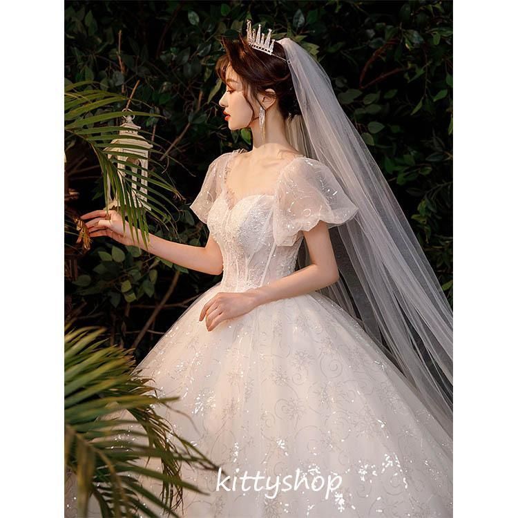 ウェディングドレス パフスリーブ プリンセスドレス ホワイトドレス  