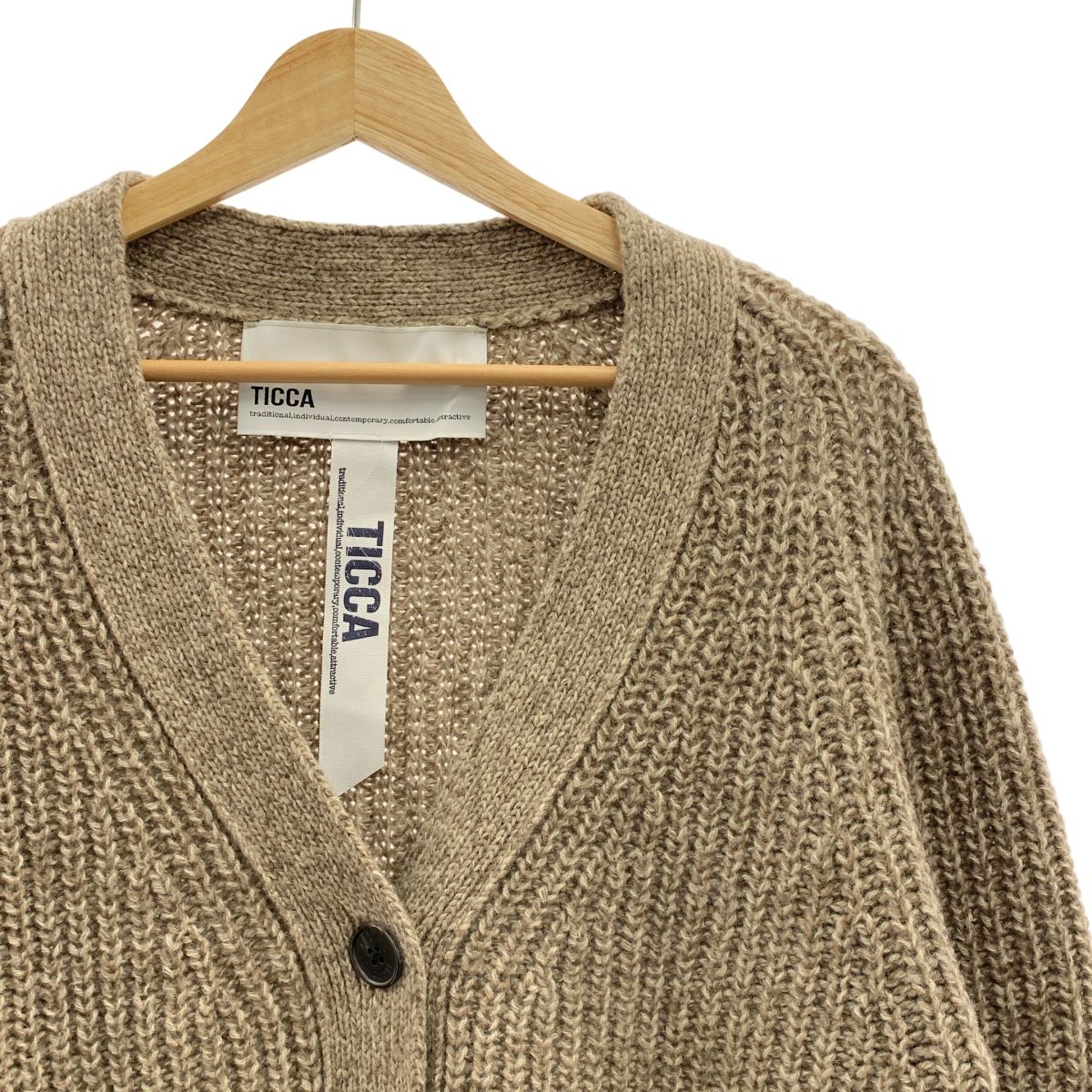 美品 ティッカ 日本製 ウール Vネック ロングニットカーディガン 茶色ブラウン TICCA / ティッカ | ウール Vネック ニット カーディガン | F