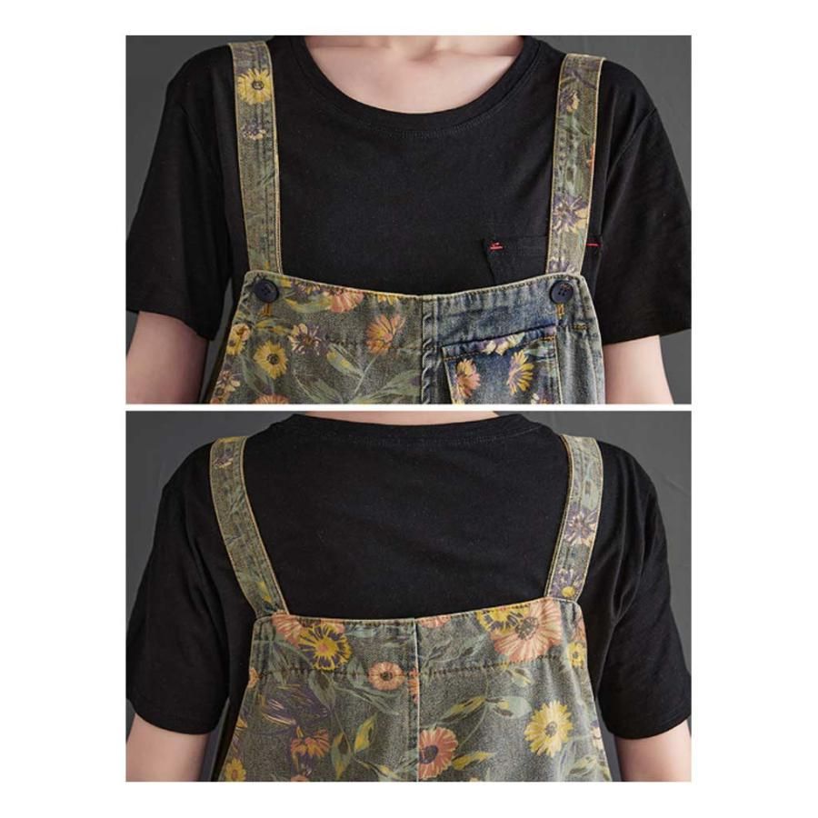 デニム サロペット パンツ オーバーオール レディース 作業ズボン サルエルパンツ ワークパンツ 作業服 デニムパンツ 花柄 プリント オール