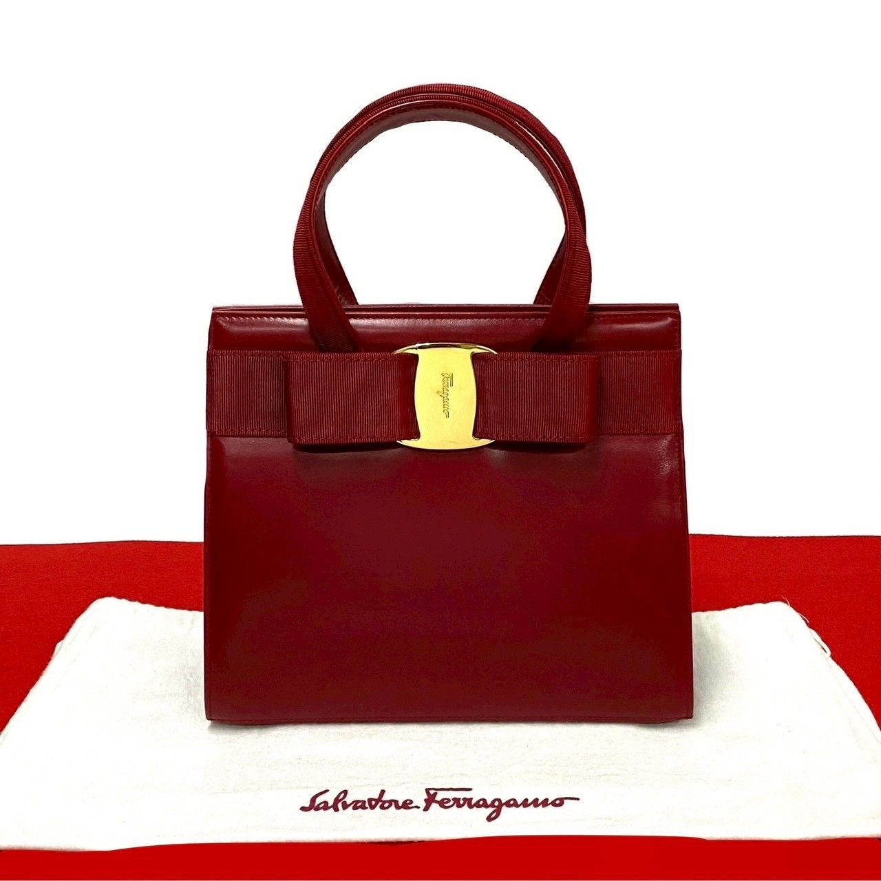 Salvatore Ferragamo サルヴァトーレフェラガモ ヴィンテージ ヴァラ リボン 金具 レザー 本革 ハンドバッグ レッド 00088