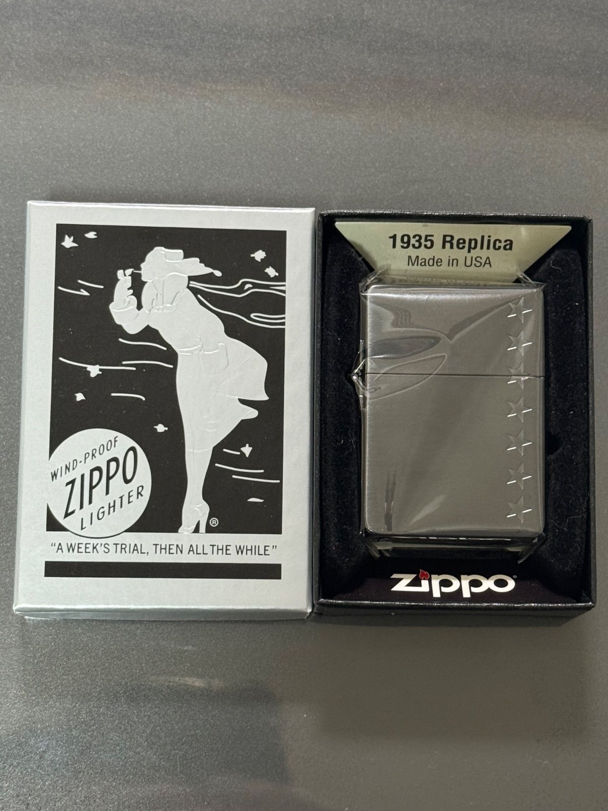 zippo Seven Stars SPIRIT SOLID BLACK セブンスター 1935レプリカ 2017年製 七連星 外ヒンジ ブラックチタン 懸賞当選品 両面刻印 デットストック ケース 保証書 当選通知書