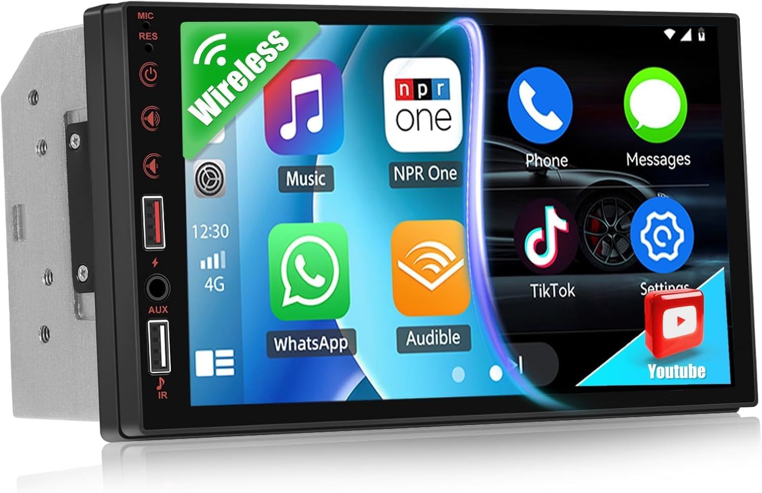 Auometo ダブルDIN カーステレオ 7インチIPSタッチスクリーン搭載 ワイヤレスCarPlay Android Auto対応 Bluetooth内蔵 スマホミラーリング YOUTUBE視聴 18局FMチューナー バックカメラ接続 純正ハンド