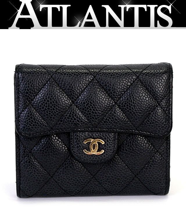 シャネル CHANEL クラシックフラップ コンパクトウォレット 三つ折り財布 キャビア 黒 G金具 31番台 70310
