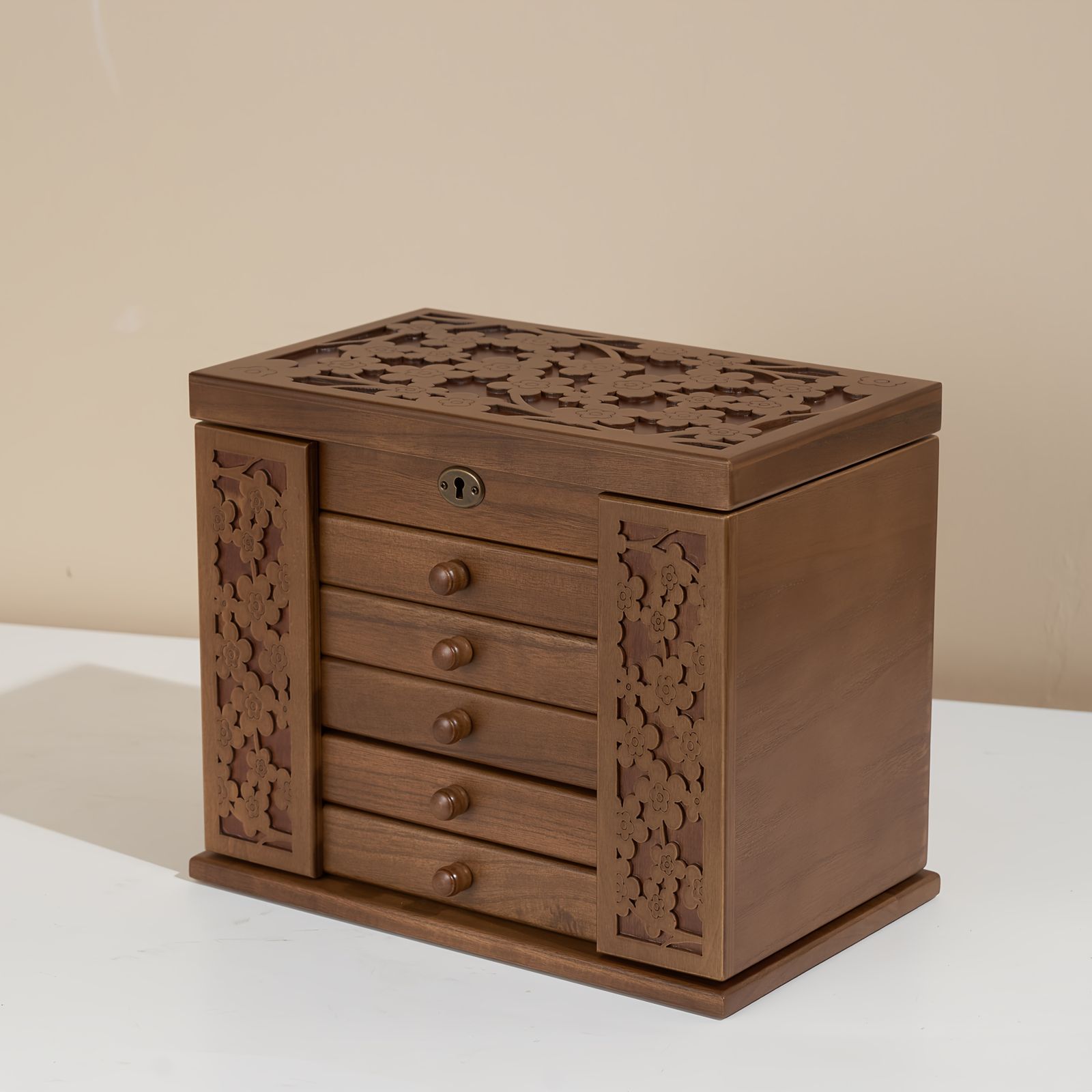 ヴィンテージ風木製ジュエリーボックス、鍵付きミラー付き、収納力抜群