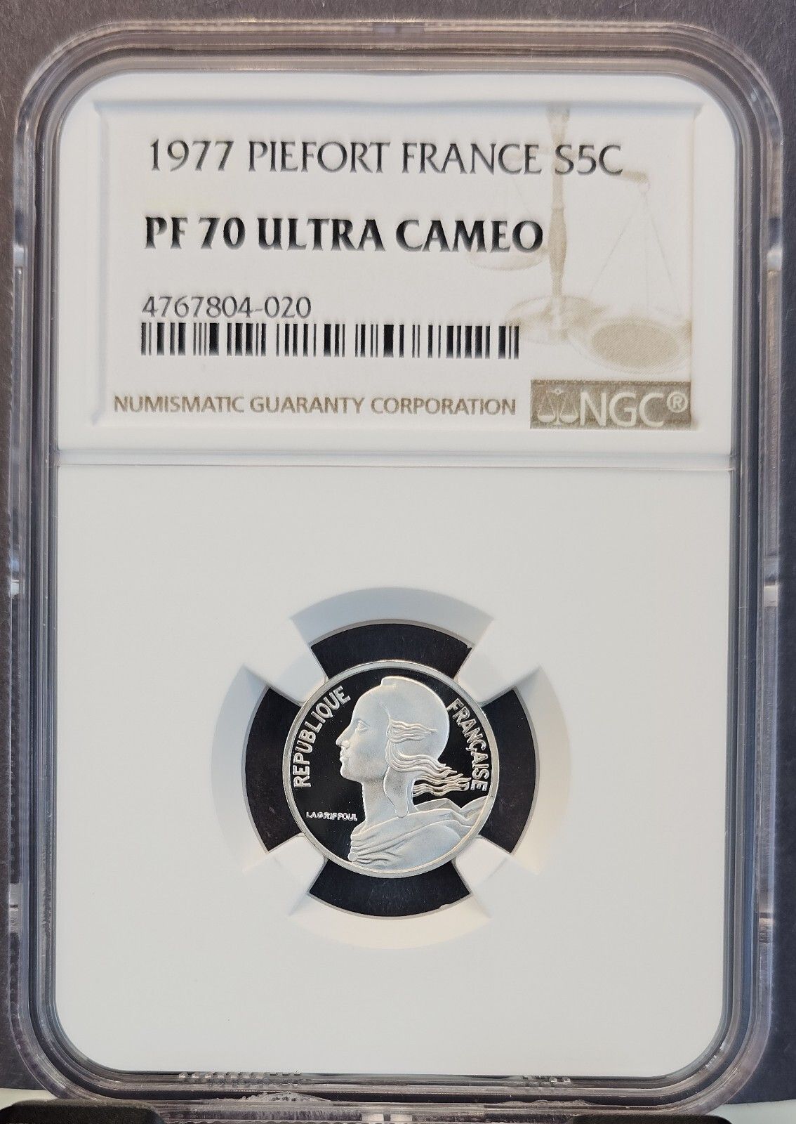 1977 FRANCE SILVER 5 CENTIMES S5C PIET NGC PF 70 ULTRA CAMEO PERFECTION POP 1