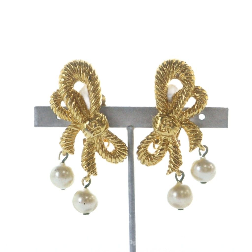 ソニアリキエル SONIA RYKIEL ヴィンテージ イヤリング 両耳用 クリップ式 リボンモチーフ フェイクパール ゴールド 金色 GY17 MQ