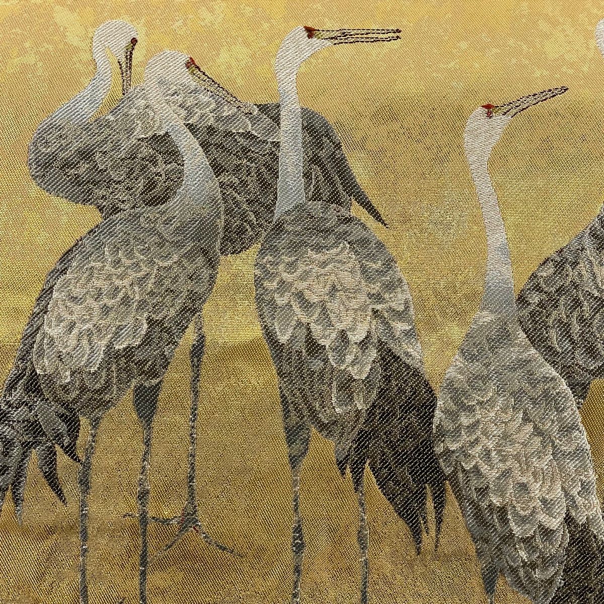 袋帯 美品 秀品 落款 鳥 箔 刺繍 金色 お太鼓柄 正絹 【中古