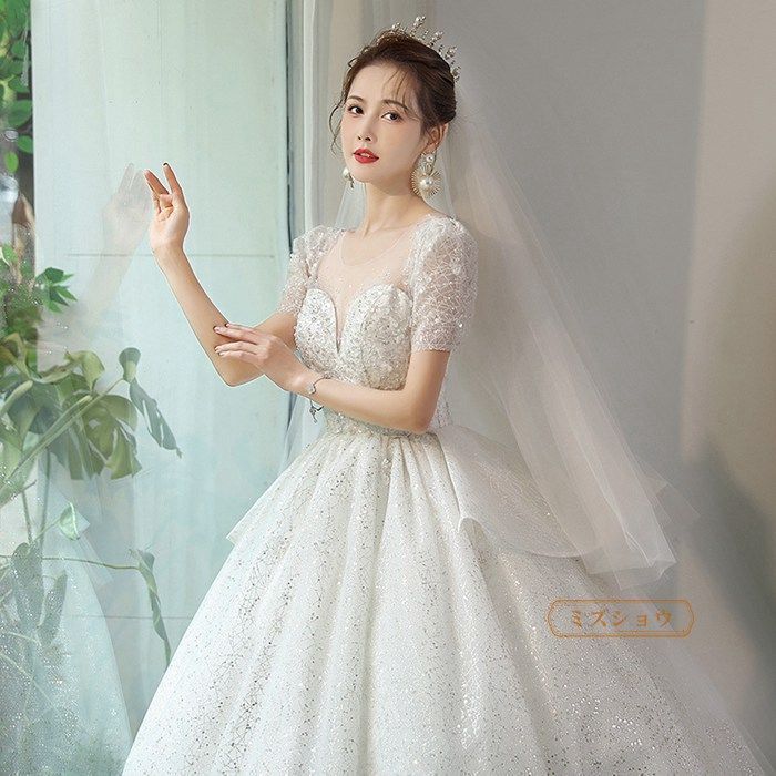 ウェディングドレスAライン花嫁ドレス編み上げ花嫁結婚式ドレス白二次会ドレス二次会前撮り二次会ウエディングドレスキラキラ シフォン素材 パーティードレス 