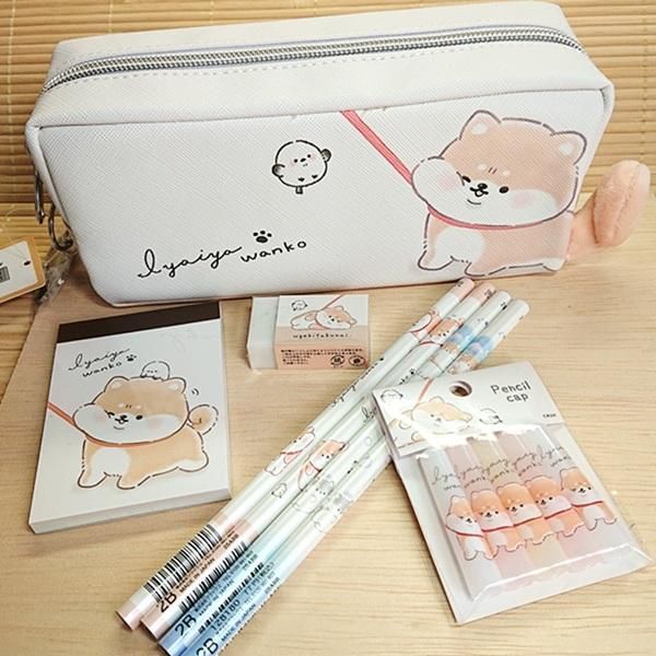 文房具　筆記用具　ペンケース　イベントセット　消しゴム　靴下　まとめうり　新品 となりのわんこ 文具セット ペンケース+鉛筆消しゴム メモ 8点