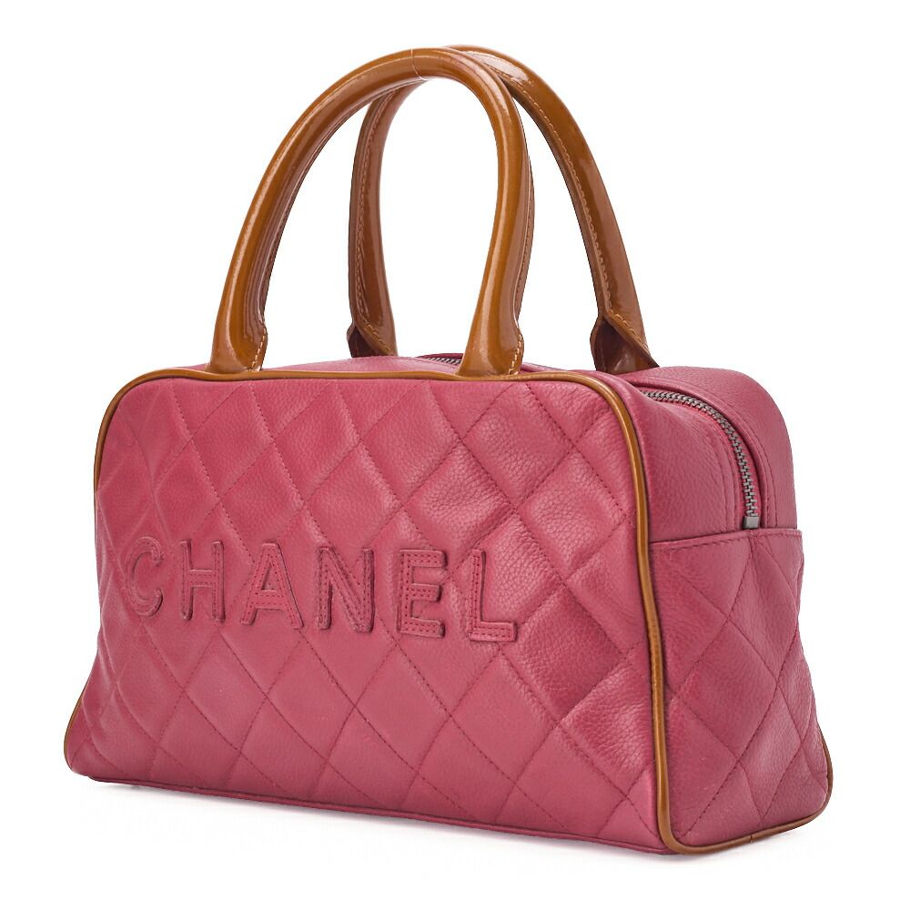 CHANEL シャネル ハンドバッグ ボストンバッグ キャビアスキン×エナメル マトラッセ ココマーク ローズピンク×ベージュ シルバー金具 レディース バッグ