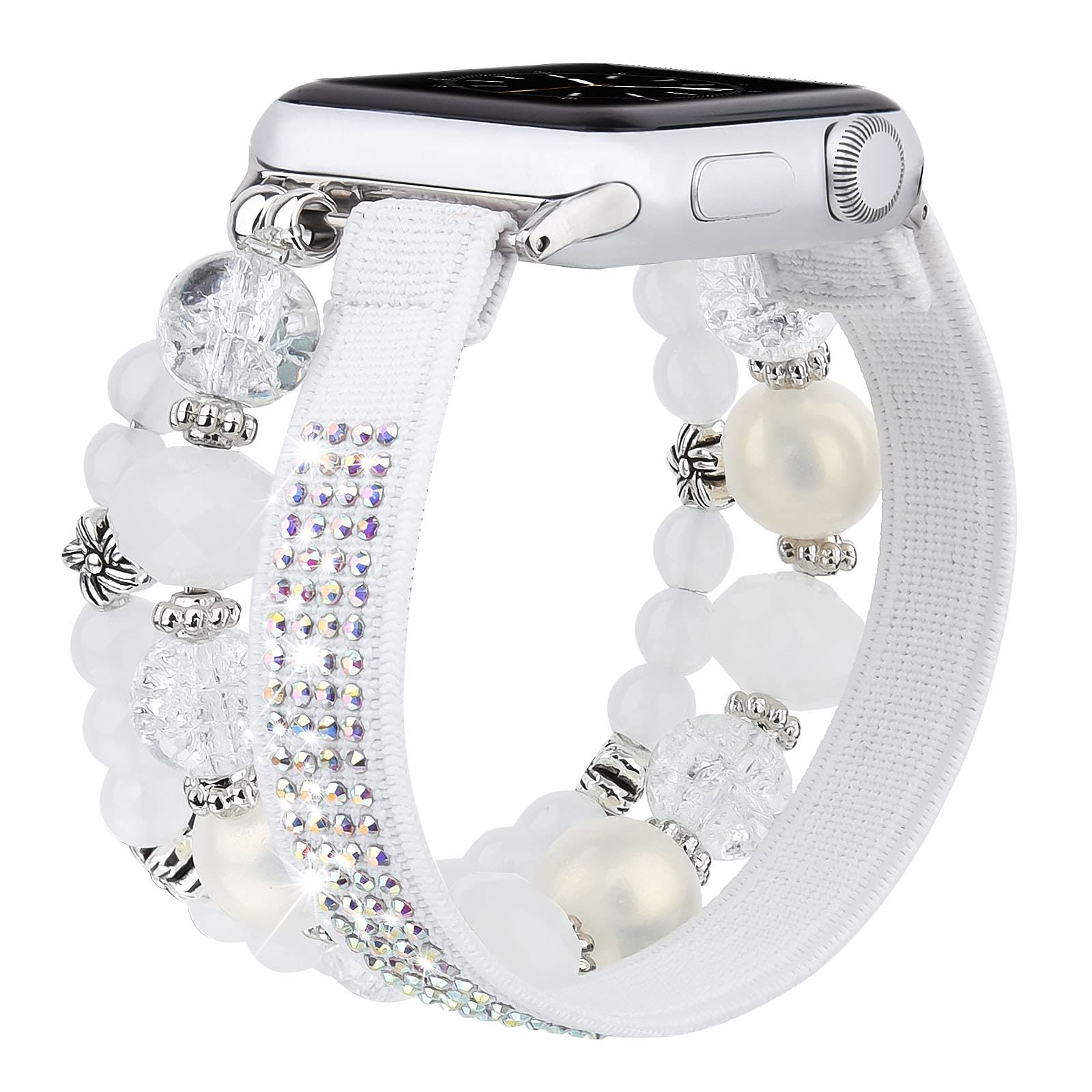 CAGOS ビーズブレスレット Apple Watchバンド 41mm 38mm 40mm レディース キラキラチャーム 伸縮性のあるシュシュ ドレッシーストラップ iWatchバンドシリーズ9/8/7/6 [ピュアホワイト] [41mm/40mm/38mm]