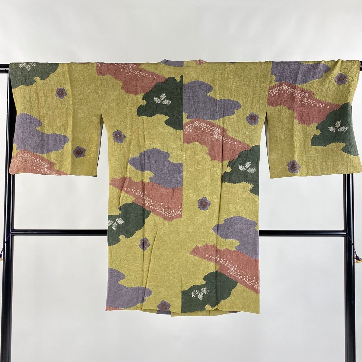 道行 身丈95.5cm 裄丈68cm L 和装コート 角衿 梅 霞 絞り 金彩 からし色 正絹 秀品