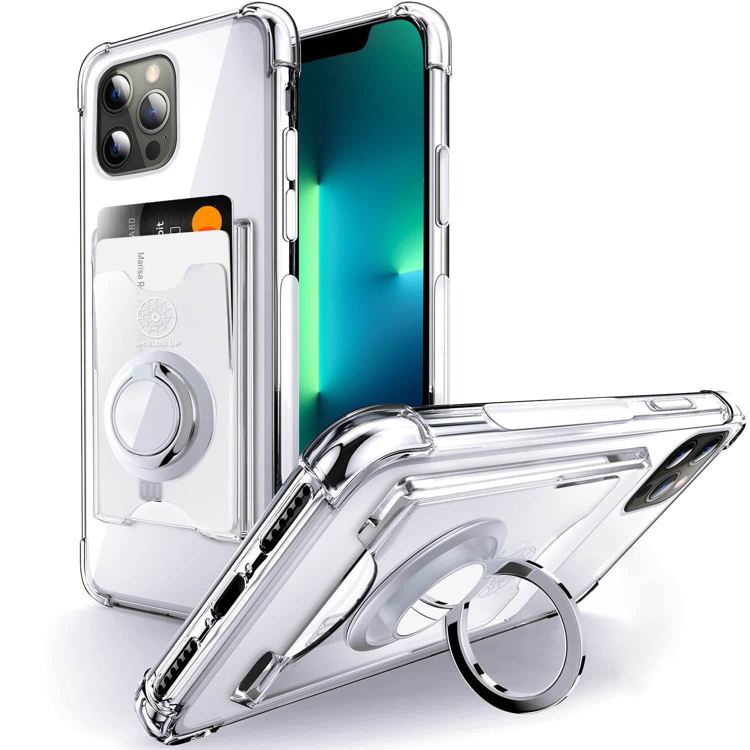 SHIELDS UP iPhone 12 Pro Max ケース リング付き 背面収納 耐衝撃 耐久 すり傷防止 滑り止め『四隅がエアクッション構造』カード収納 スタンド付き 透明 TPU カバー 6.7 インチ アイフォン12プロマックス スマホ