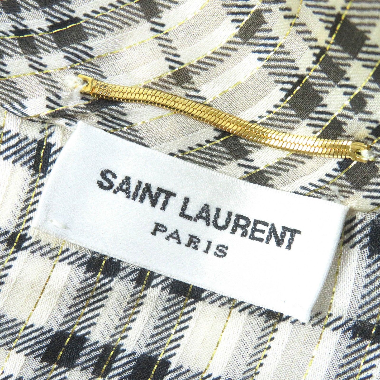 極美品△SAINT LAURENT PARIS サンローランパリ 2021年製 660885 シルク ゴールドラメ入り チェック柄 ボウタイ ブラウス 長袖シャツ ベージュ ブラック 34 イタリア製 正規品 レディース オススメ◎