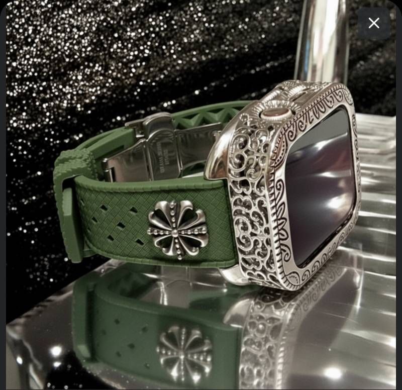 ハーバル AppleWatch用フッ素ラバー バンド コンチョ アラベスクカバー ケース アップルウォッチ用 カスタムバンド 44 45 46 49 SE Ultra