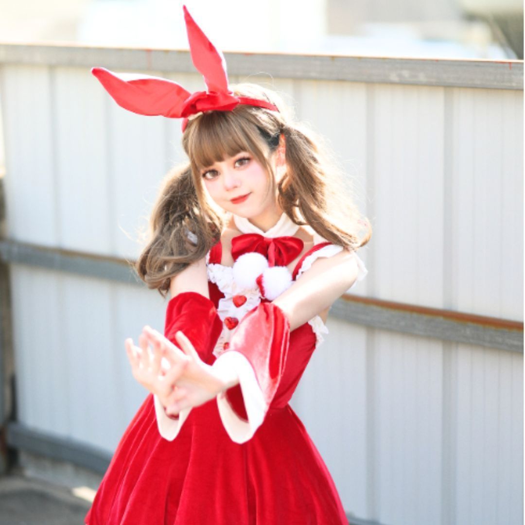 韓国 セット サンタクロース ワンピース バニーガール コスプレ バニーガール 衣装 赤 ロリータ ウサ耳 クリスマス