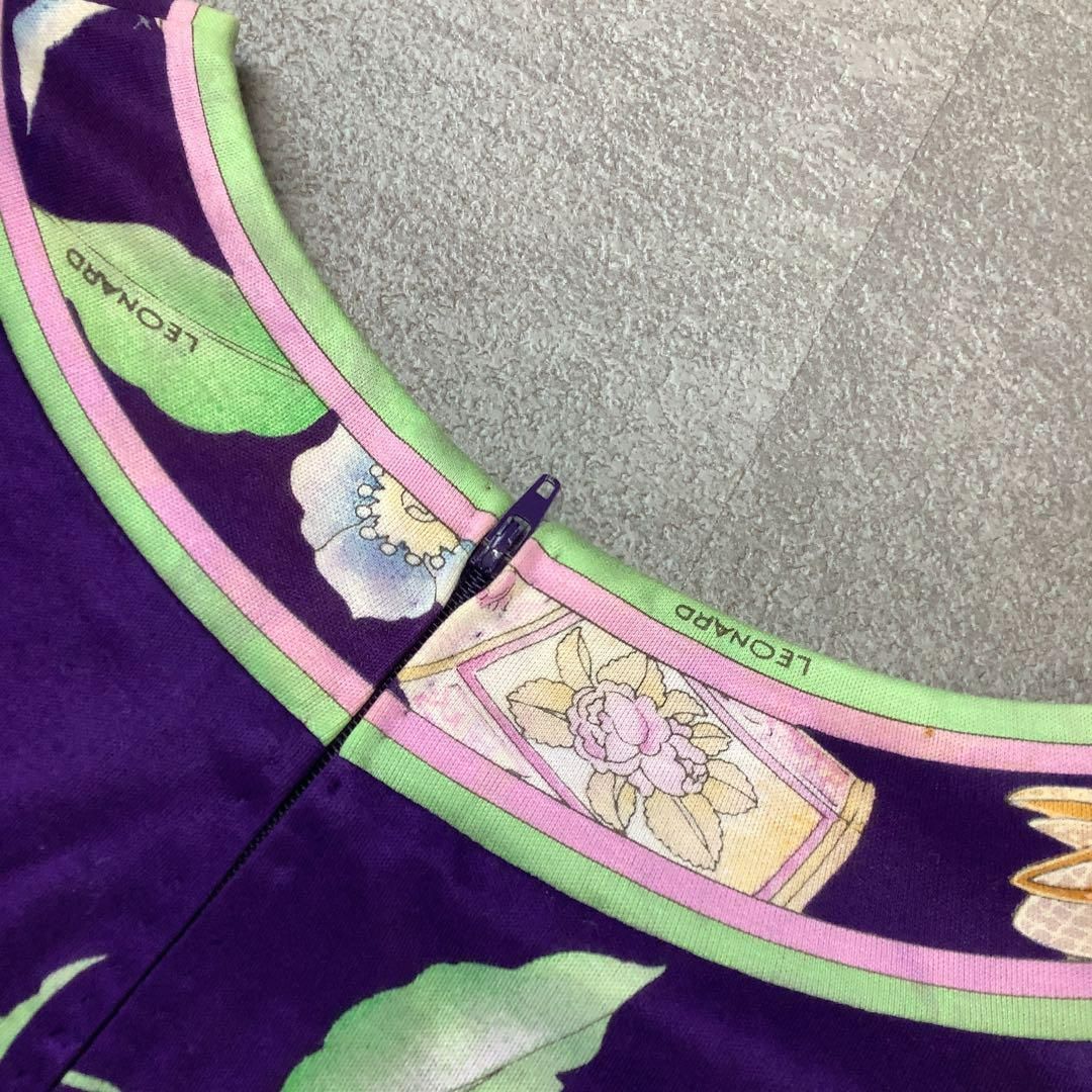  LEONARD レオナール カンカン 柄 カットソー 長袖 バックファスナー パープル その他 トップス