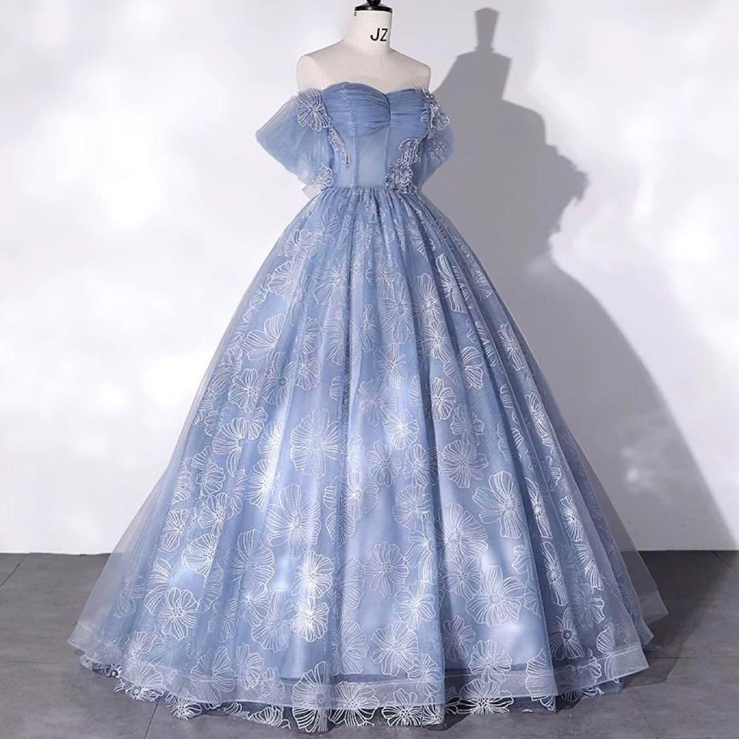 お花のデザインがゴージャスな長袖のオフショル ロングドレス お花のデザインが可愛い ゴージャスなオフショル ロングドレス